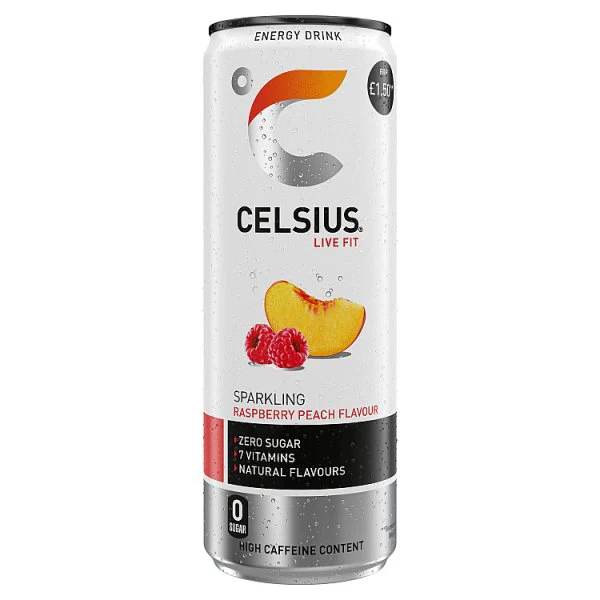Celsius Energy Drink, Sparkling Raspberry Peach 355ml PMP £1.50 ( UK )
